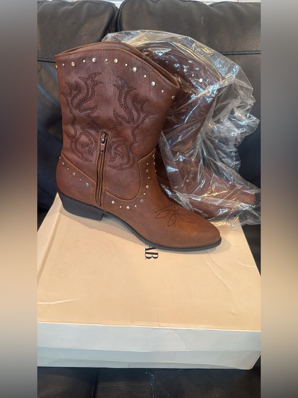 Brown Western Studded Mid-Calf Boots